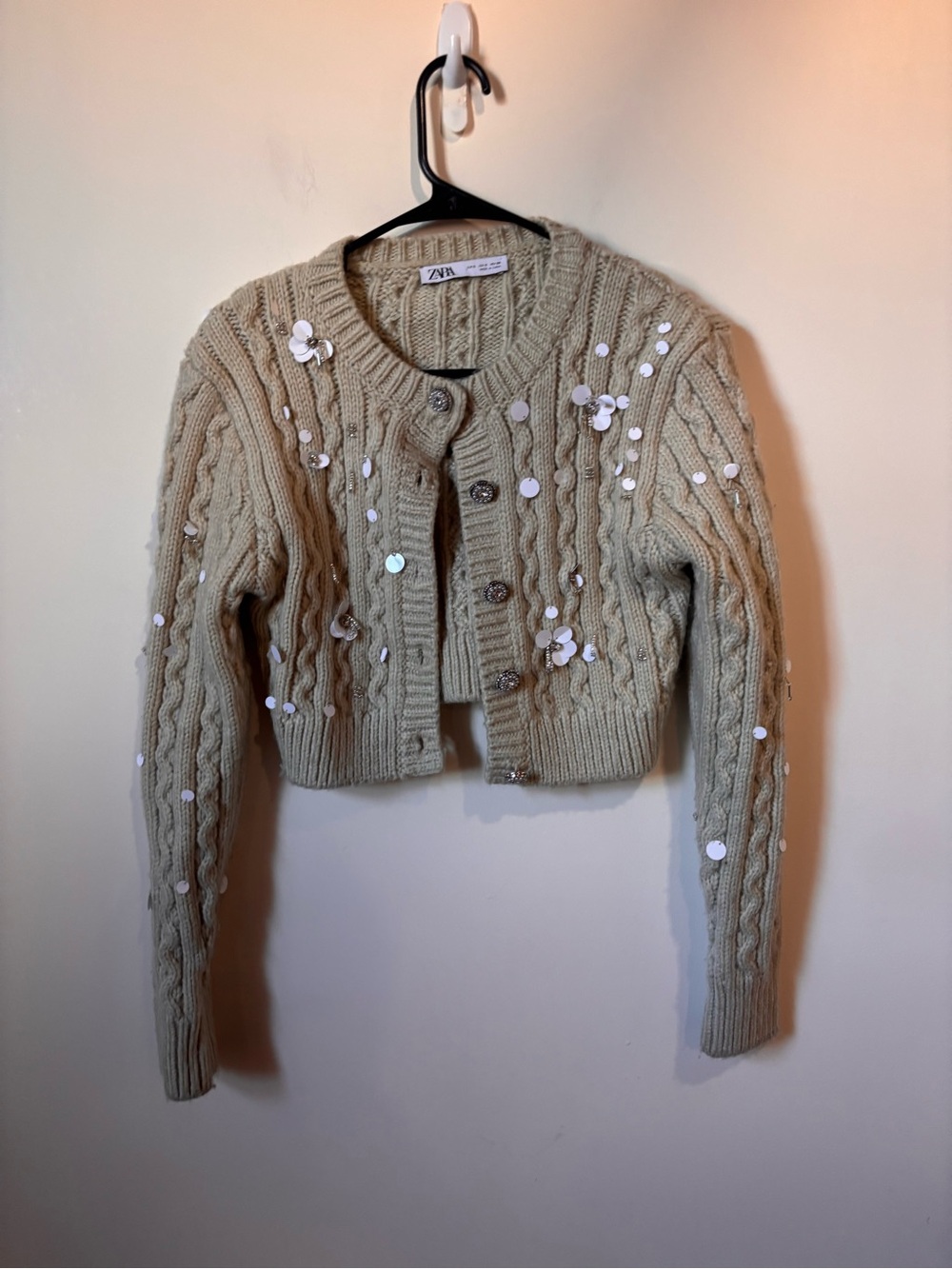 Zara Beige Cable-Knit Sequin Cropped Cardigan